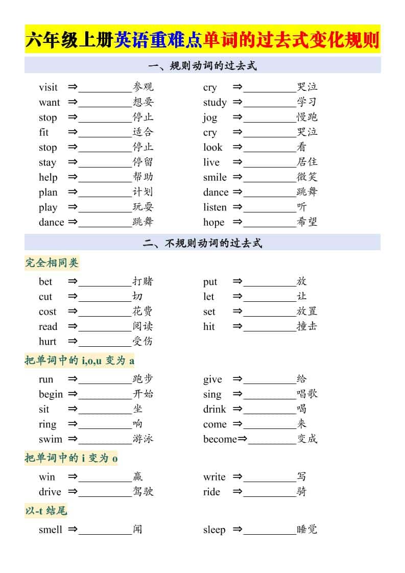 六年级上册英语重点:动词的过去式变化专项
