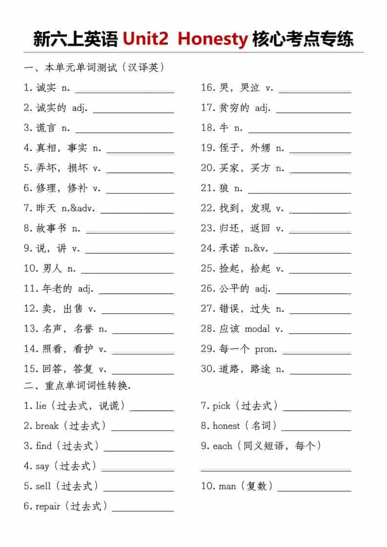 译林版《新六年级上册英语Unit2Honesty核心考点专练》