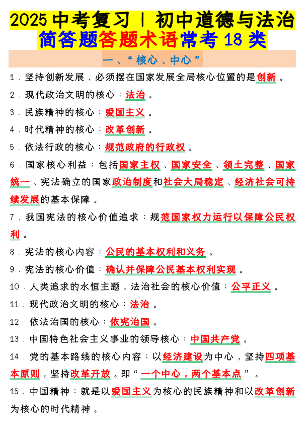 2025中考复习 _ 初中道德与法治:简答题答题术语常考18类