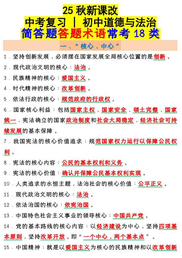 【2025秋新版】中考复习 _ 初中道德与法治:简答题答题术语常考18类