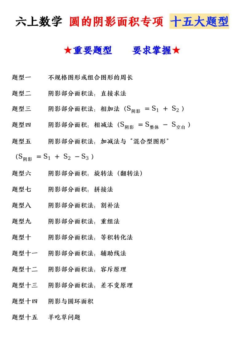 六年级上册数学圆的阴影面积专项十五大题型